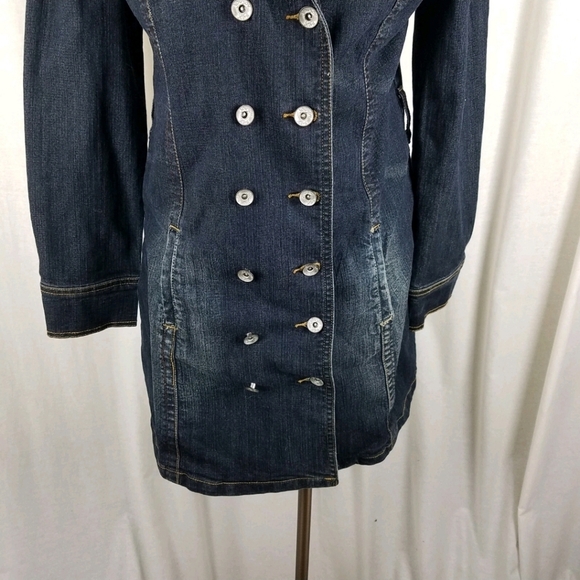 VtgjouJou Premium Denim Blue Jean Double Breasted Trench Coat Womens .Wide Lapel - Picture 7 of 8